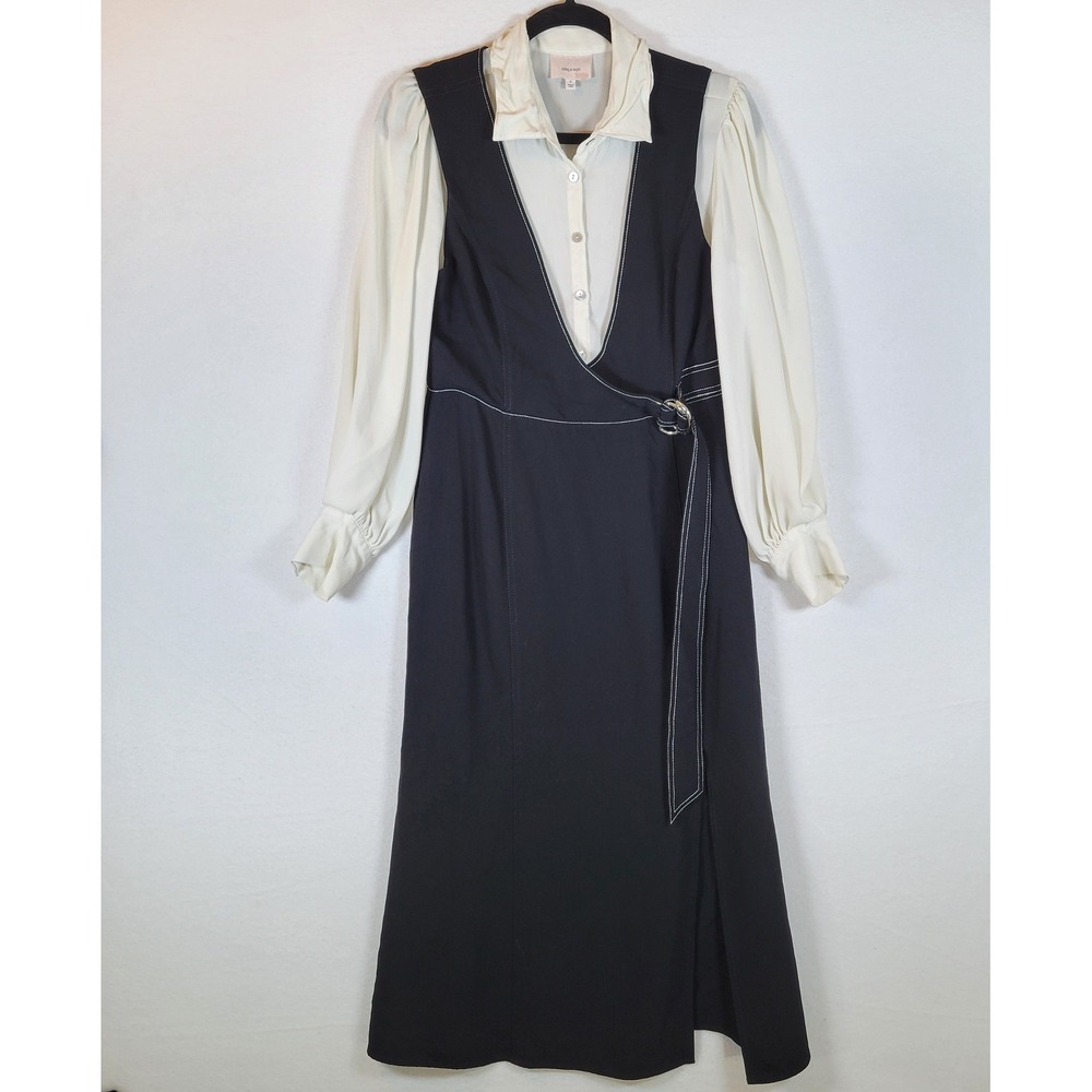 Cinq a Sept Womens Ambre Layered Mixed Media Midi Dress Size 8 Black Ivory